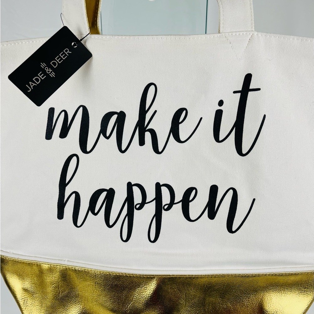 NWT Jade & Deer “Make It Happen" Tote Bag with Zip Pouch Wallet Cream Gold - Picture 2 of 16